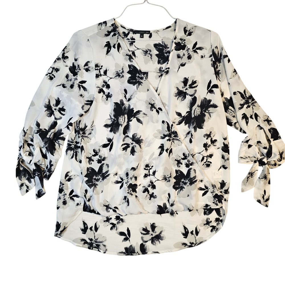 West Kei Womens Medium Black White Floral Surplice Wrap Blouse Tie Sleeve Top